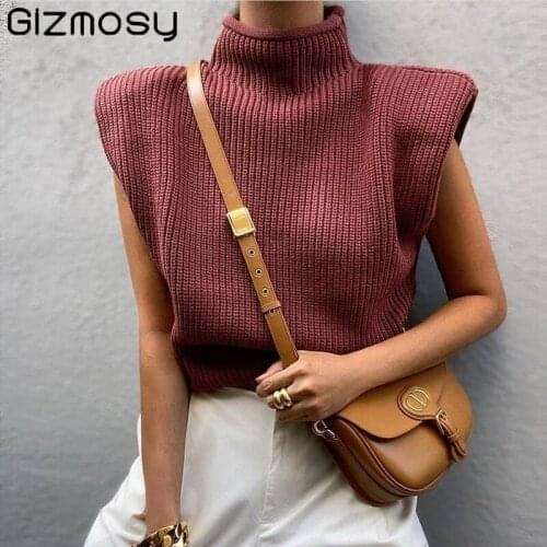 Gizmosy Turtleneck Sleeveless Women Vest Sweater 2020 White Shoulder pads Pullover Knitted Loose Autumn Winter Casual Jumper