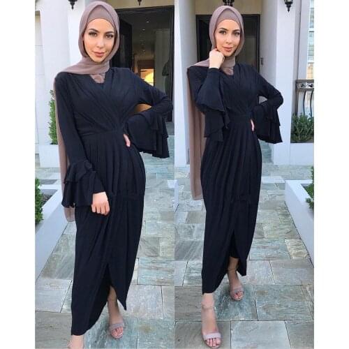 Irregular Long Dress Women Ruffle Casual V-neck Abaya Muslim Middle East Turkish Flare Sleeve Maxi Robe Dubai Kaftan Ramadan New