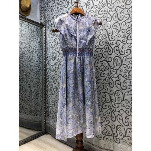 Newest Fashion Designer Summer Dress 2021 High Quality Women Vintage Prints Ruffle Deco Elastic Waist Sleeveless Purple Dress