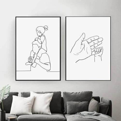 Abstract Single Line Drawing Father Daughter and Baby Hands Black White Poster Wall Art Canvas Painting Decoration for Bedroom