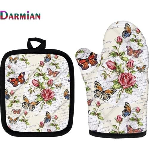 DARMIAN Beautiful Roses and Butterflies Pattern Kitchen Microwave Oven Baking Gloves Insulation Pad Skid Heat Resistant Mitts