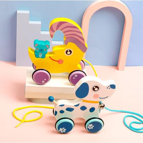 Wooden pull along Toy Little Duck Puppy Dog Infant Toddler Rope Baby Rattles Stroller Learn Walk Toy Gifts for 0-12 Months