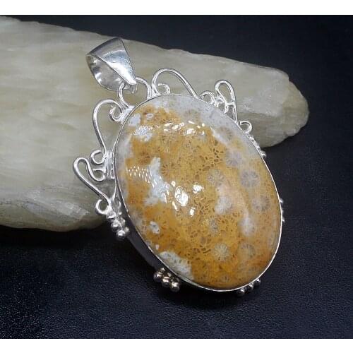 Gemstonefactory Jewelry Big Promotion 925 Silver Solitaire Yellow Ammonite Jasper Women Ladies Gifts Necklace Pendant 0998