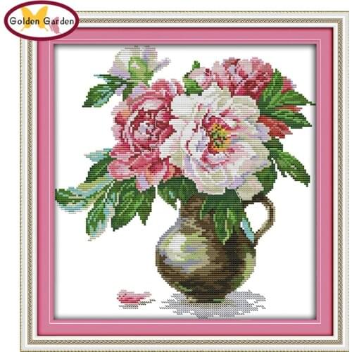 GG The Peony Vase Flower Cross Stitch Paintings Needlework Embroidery DIY Kits Joy Sunday Cross Stitch Christmas for Home Decor