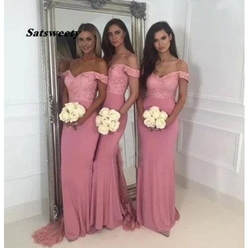 Blush Pink Mermaid Bridesmaid Dresses Off Shoulder Sweep Train Lace Appliques Garden Wedding Guest Party Gowns