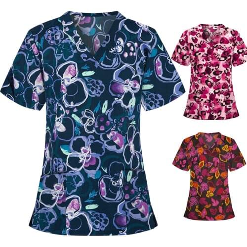 Medical Blouse Woman 2021 Women Floral Short Sleeve V-neck Tops Working Uniform Plus Size Sexy Ladies медицинский костюм