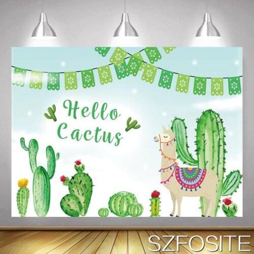Cute Alpaca Hello Cactus Green Backdrop Baby Birthday Party Room Table Decoration Photography Photo Kids Custom Vinyl Background