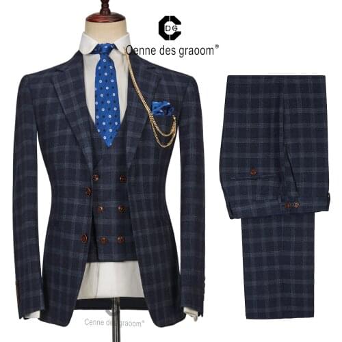 Cenne Des Graoom Fashion Mens Suits Plaid Casual Business High-end Social Formal Suit 3 Pcs Set Jacket Vest Pants Groom Wedding