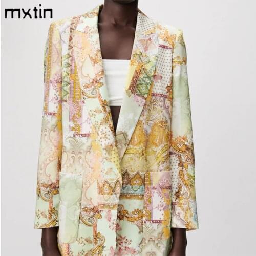 MXTIN 2021 Women Spring Fashion Floral Print Blazers Coat Vintage Lapel Collar Long Sleeve Pocket Office Ladies Casual Chic Coat