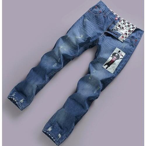 2016 new mens denim pants Korean straight flanging denim trousers jeans trousers printing character