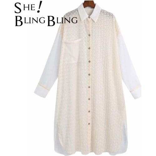 SheBlingBling 2021 ZA summer new women blouses hollow embroidered long shirt sun protection lapel long sleeve casual dress