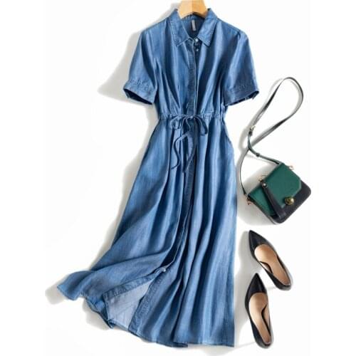 Summer New Women Loose Plus Size Japan Style Elastic Waist Comfortable Tencel Denim Shirt Dresses W/h Side Pockets