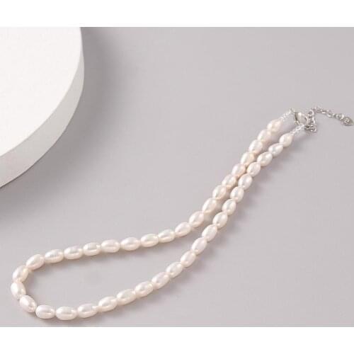 Real Freshwater Pearl Necklace for Women Gift Beads Handmade 6mm White Rice Pearl Necklace Fashion Jewelry 39mm Length