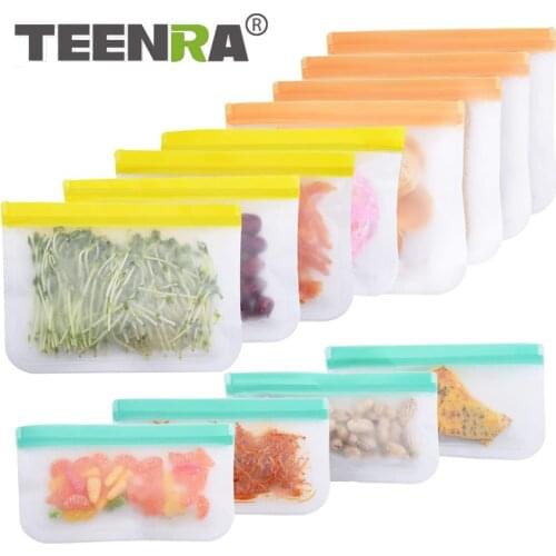 TEENRA 12Pcs/set PEVA Food Storage Bag Container Reusable Food Fresh Bag Ziplock Leakproof Food Bag Kitchen Organizer