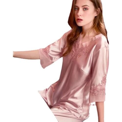 12811-b5 Sleepwear Long Sleeve Pajamas For Women Satin Silk Pants Set Sexy Pajamas Womens Home Clothes Evening Wear