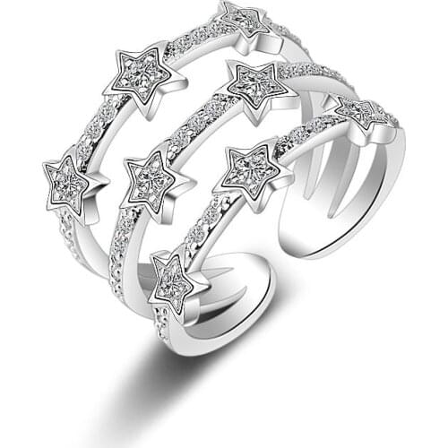Five Star Pattern Crystal Opening Rings Fashion Multilayer Star Silver Lady Bijoux Christmas Gift For Women Bague