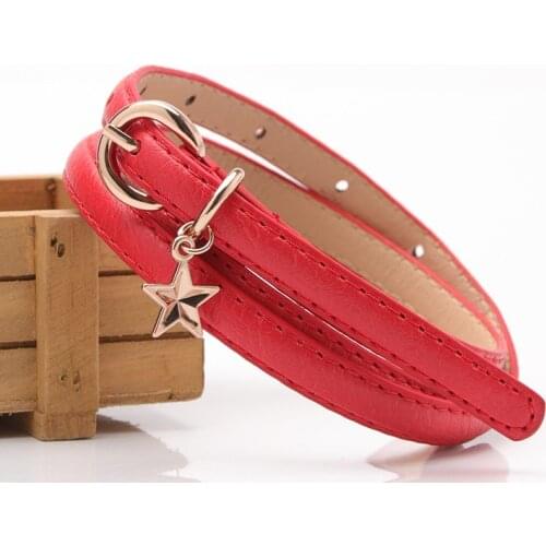 Colorful PU Leather Belts For Women Gold Pentagram Pendant Pin Thin Decorative Belt Fashion Casual Waist Strap