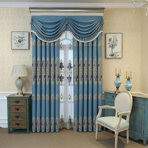 Luxury Palace European Blue Velvet Shading Embroidered Curtains for Living Room Dining Bedroom High-end Curtain Valance Custom