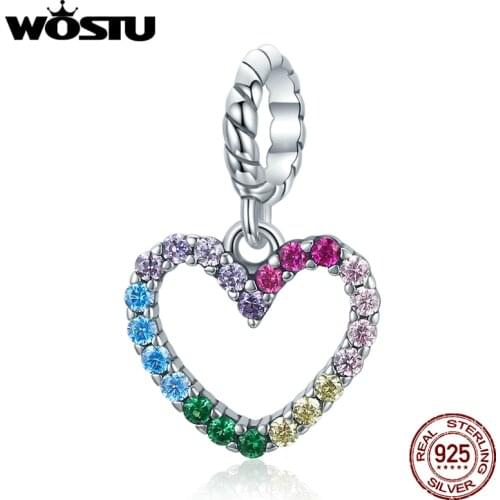 WOSTU 925 Sterling Silver Charm Colorful Zircon Bead Rainbow Heart Pendant Fit Original Bracelet Necklace DIY Jewelry CQC1851