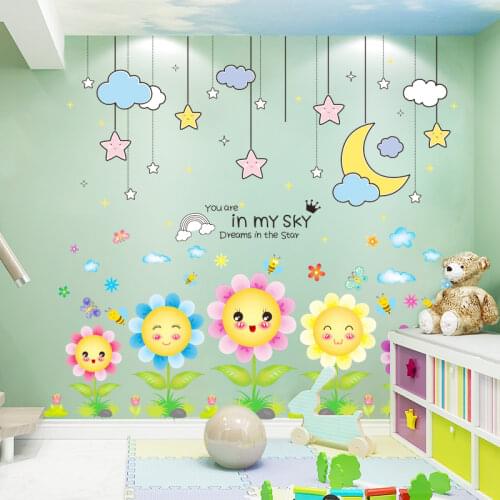 [shijuekongjian] Sunflowers Plants Wall Stickers DIY Stars Clouds Wall Decals for Living Room Kids Bedroom Nursery Decoration