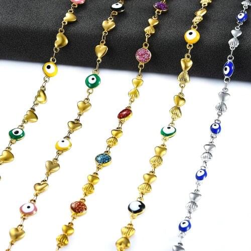 Width 6MM Stainless steel Gold Chain Heart Butterfly Evil Eye Lucky Eye Bead Charms Women Necklace Jewelry Fashion
