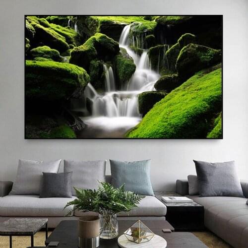 Modern Waterfall Green Mountain Forest Posters Prints Landscape Pictures Natural Canvas Wall Art Home Decorative Painting Quadro