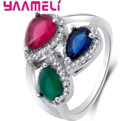 Three Colorful Water Drop Cubic Zirconia Composition New Arrival 925 Sterling Silver Finger Rings Jewelry For Women Girl