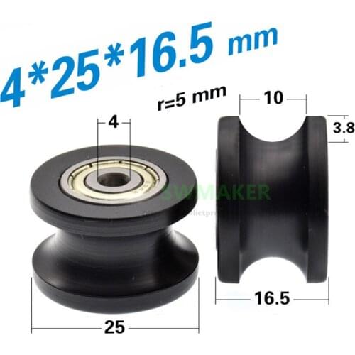 SWMAKER 1pcs 4*25*16.5mm grooved U concave wheel, embedded 634zz double bearing, 10mm diameter track, guide wheel POM, plastic