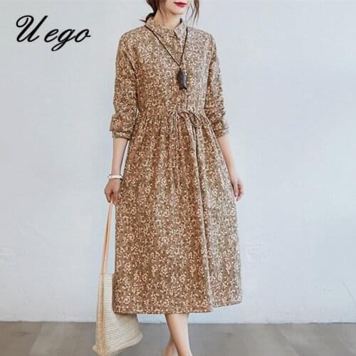 Uego Fashion Blouse Dress Linen Cotton Autumn Dress Office Lady Work Dress Print Floral Drawstring Women Casual Spring Dress