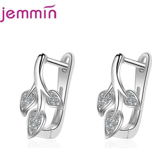 High Quality Genuine 925 Sterling Silver Bridal Earrings With Leaves Shape Front Paved With Small Bright Crystal In The Leaves