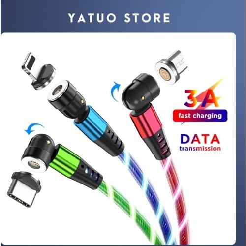 LED Flowing Light Charging Magnetic Cord Rotate 3A Fast Charging Cable Micro USB Type C Cable For iPhone Xiaomi Data Transfer