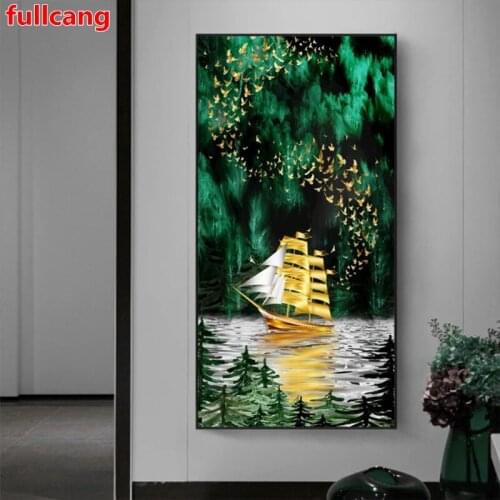 Green Entrance Painting Golden Boat 5D DIY Diamond Painting Full Square Round Diamond emboridery Art Mosaic Cross Stitch JX2473