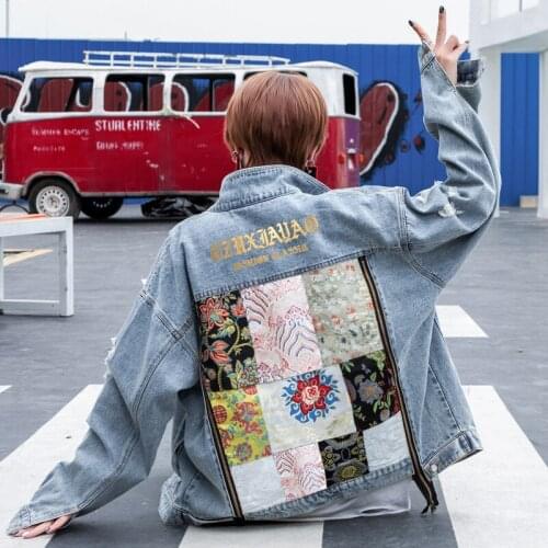 2021 Print Flower embroidery Blue Wash Loose Jeans Coat Women Clothes Long Sleeve Vintage Street Denim Bomber Jacket Female Tops
