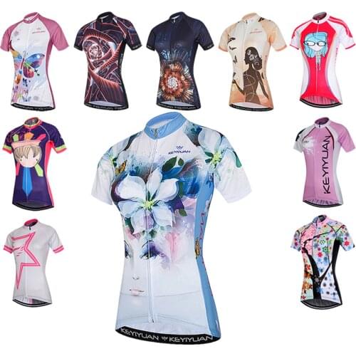 KEYIYUAN Cycling Jersey Women Bike Shirts Summer Short Sleeve Road MTB Biking Bicycle Clothing Tops Roupa Ciclismo Feminina