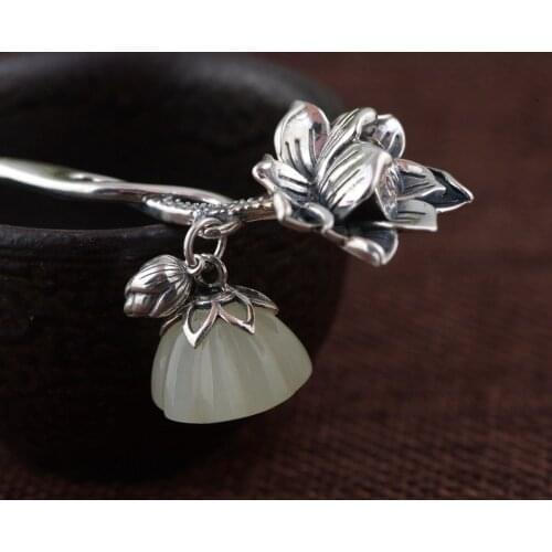 Lotus Thai Silver Hair Stick Vintage Dangle Silver Chinese Hairpin Flower Hair Fork Hair Jewelry Hair Accessories WIGO1152