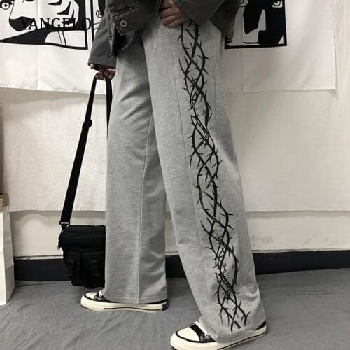 Yangelo Harajuku Pants Women Thorny Print Drawstring Jogger Pants Spring Autumn Casual Loose Women Pants Female