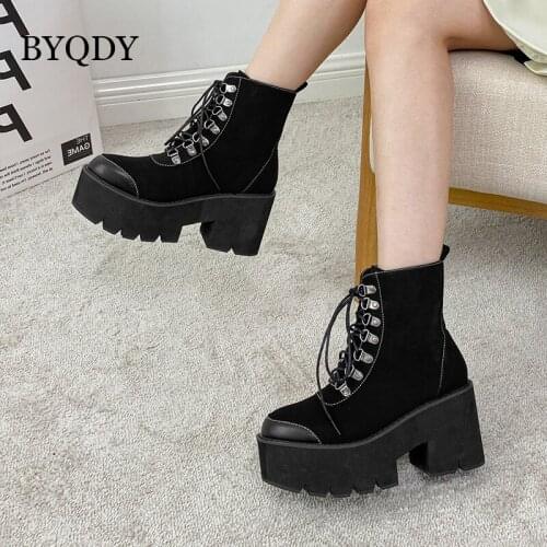 BYQDY Fashion Platform Boots For Woman Chunky Punk Suede Leather Gothic Shoes Nightclub Lace Up Back Zipper Footwear Plus 41