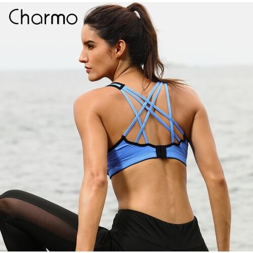 Charmo Women Sports Bra Medium Impact Solid Cross Strap Yoga Bra Women Padded Yoga Bra Running Workout Breathable Sport Top