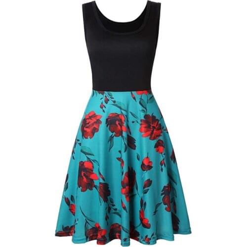 Summer Ladies Flower Print Sleeveless Square Collar Casual Loose Holiday A-line Beach Knitting Shirt Dress