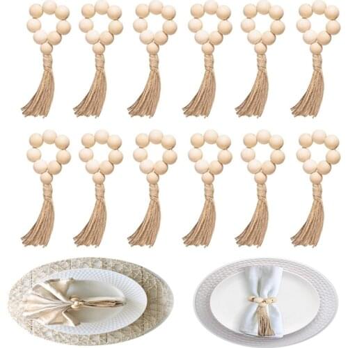 12 pcs Napkin Ring Handmade Wooden Bead Napkin Holder Ring with Rope Tassel Tabletop Decoration for Dining Table Party Wedding