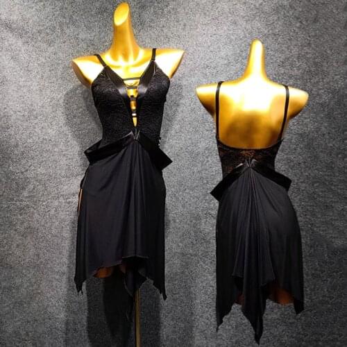 2020 Latin Dance Dress WomenS Party Dress Sexy Dance Clothes Black Lace Halter Dress Salsa Latin Dress Competition Costume 1394
