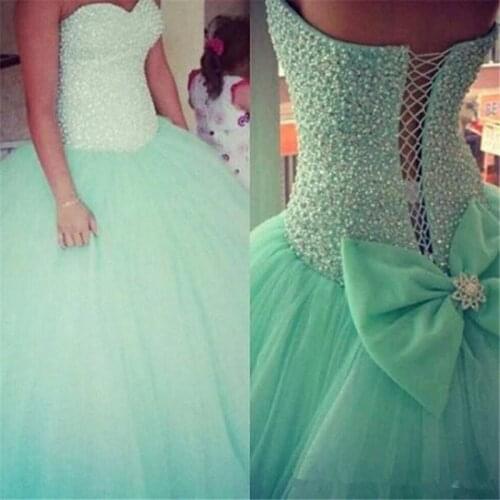 2020 Mint Green Sweetheart Ball Gown Quinceanera Dresses with Flower Crystals Beaded Plus Size Prom Pageant Debutante Party Gown
