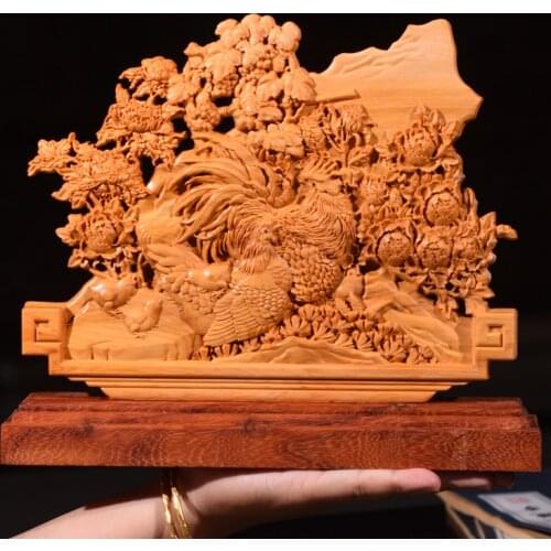23cm Gold cock Wood statue Double Sided Carved Hollow Home deocr Furnishings wood Arts and Crafts Figurines