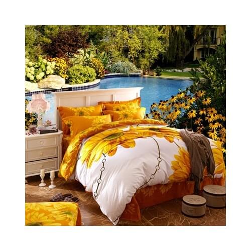 3D Golden Sunflower 4Pcs 100% Sanding Cotton Queen King Luxury Wedding Bedding set white Duvet Cover Set Bed sheet Pillowcase