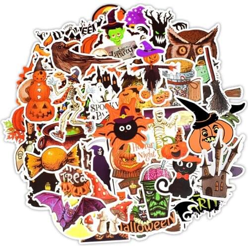 50 PCS Halloween Funny Stickers Gift All Hallow Mas Pumpkin Witch Cute Graffiti Sticker to DIY Notebook Cup Room Decoration F4