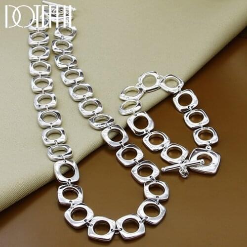 DOTEFFIL 925 Sterling Silver Square Round Chain Necklace Bracelet Set For Men Woman Wedding Engagement Party Charm Jewelry