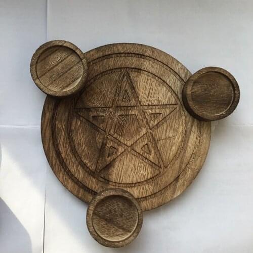 Astrology Pentagram wood Candlestick table Pentacle altar plate Candle holder wooden Divination Wicca ceremony Accessorie