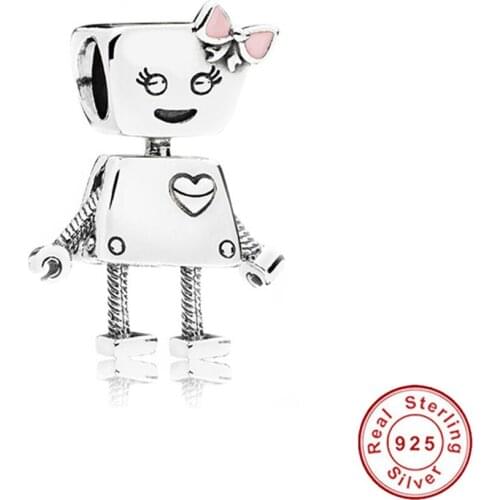Real 925 Sterling Silver Bella Robot Charms Beads for Women Fit Pan Bracelets Bangles Silver 925 Jewelry ECC1401