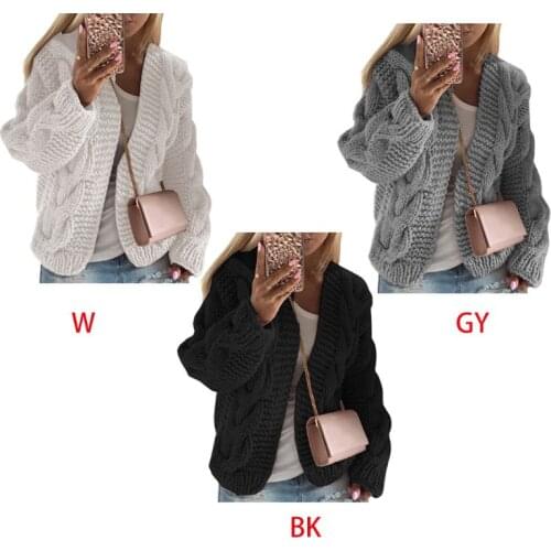 Women Long Sleeve Open Front Caridgan Braided Chunky Knitted Sweaters Solid Color Casual Loose Warm Short Outwear Coat