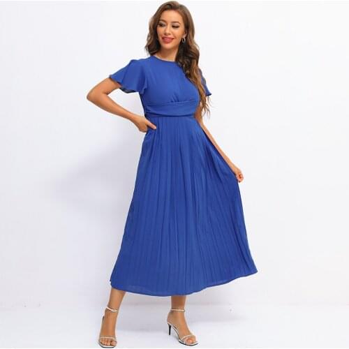 Fridayin 2021 Summer Chic Womens Sexy Backless O-Neck Long Dress Pure Color Ruffled Short Sleeves A-Line Vestidos